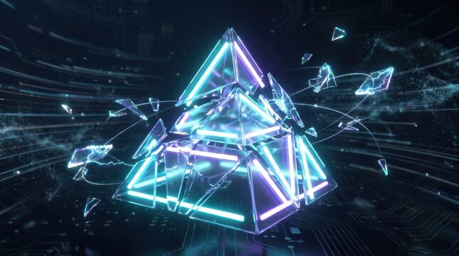 Abstract composition featuring a geometric neon pyramid that is partially deconstructed into floating shards of light. The colors