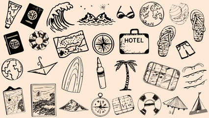 travel themed sketch collection with passport wave sunglasses and beach elements on a beige background © Sanjay