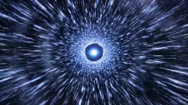 Voyaging through a luminous cosmic vortex with streaks of brilliant light and intense blue energy, suggesting rapid interstellar travel and exploration into the unknown vastness of the universe