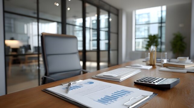 A professional desk setup in a modern office featuring business documents calculators and charts for financial analysis
