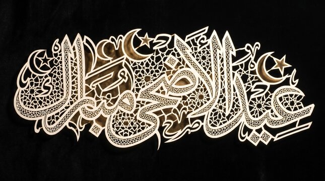 Intricate ultra-fine white paper-cut lace calligraphy, wishing 'Eid Al-Adha Mubarak' with elegant filigree and Islamic motifs