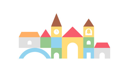 Obraz premium Toy block town. Minimalist children city made of geometric building blocks. Montessori education and toddler development concept. Simplicity vector illustration