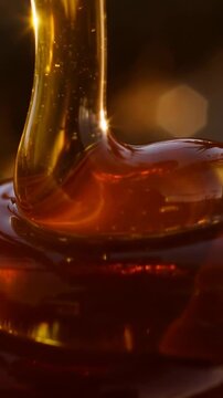 Vertical video: Pulling thin tool releasing syrup, forming glossy dome on table with bubbles, bokeh
