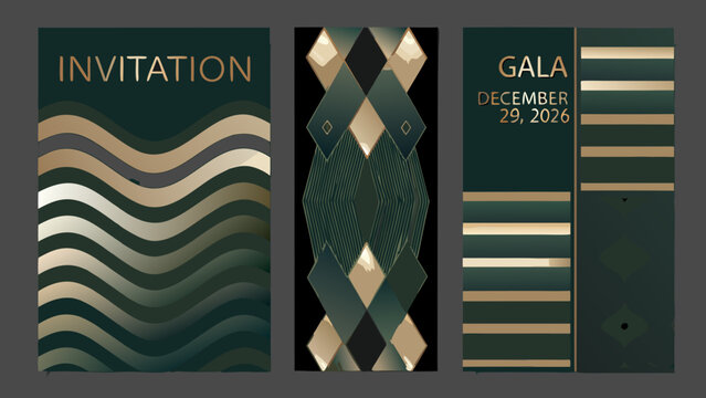 art deco invitation templates with geometric patterns and gold accents on a dark background