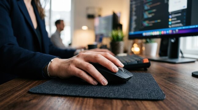 Hand using a computer mouse on a textured desk with a shallow depth of field and soft bokeh from a monitor. This polished