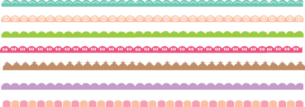 Colorful Scalloped Border Pattern Set.  Scalloped border set, drawing line, lace border, cute textile frill stripe border, frame, pattern isolated.  Seamless Scalloped Pattern Borders vector