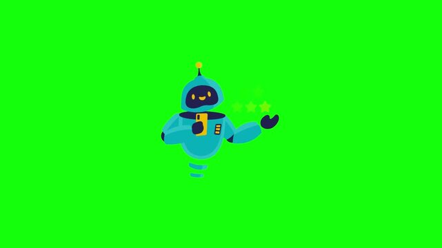 A 2D animated video of a cute cartoon robot on a bright green background. The robot should gently float, move one arm in a friendly waving gesture, and show a cheerful face display.