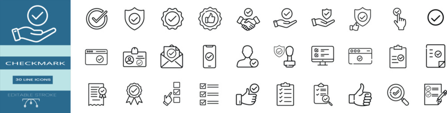 Checkmark approved verification web line icons set shield protection mark corporate deal handshake premium quality badge & more vector illustration with editable stroke