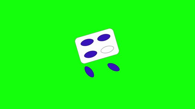 A 2D animated video of a tablet blister pack on a bright green background. Show a few tablets popping out or falling below the pack with gentle motion. Clean vector style, centered composition.