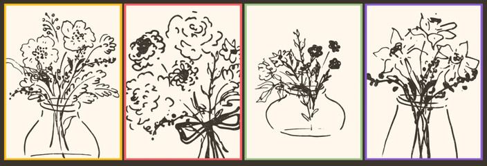 Fototapeta premium Hand drawn flowers, leaves, plants. Sketched style flower bouquets in glass vase. Naive design. Spring, summer botanical art. Wall art composition with canvas texture. Monochromatic vintage style.