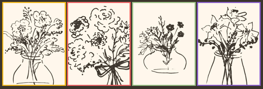 Hand drawn flowers, leaves, plants. Sketched style flower bouquets in glass vase. Naive design. Spring, summer botanical art. Wall art composition with canvas texture. Monochromatic vintage style.
