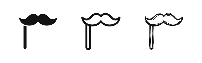 Mustache on a stick icon set in solid, outline and doodle style. Photo booth prop symbol. © drawing lines