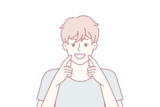 Man smiles broadly and shows off snow-white healthy teeth after going to dentist. Happy guy pointing fingers at mouth recommends good toothpaste for beaming smile. Flat vector illustration