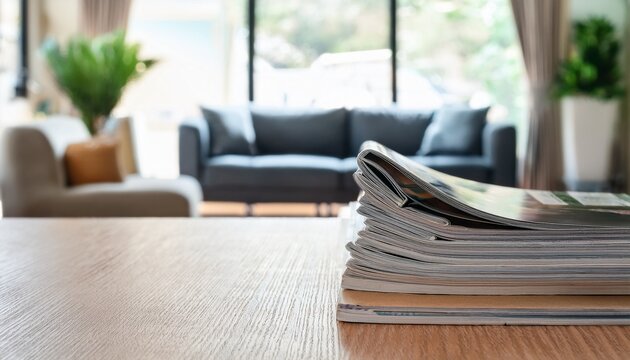selective focus of stacking magazine place on table in living ro