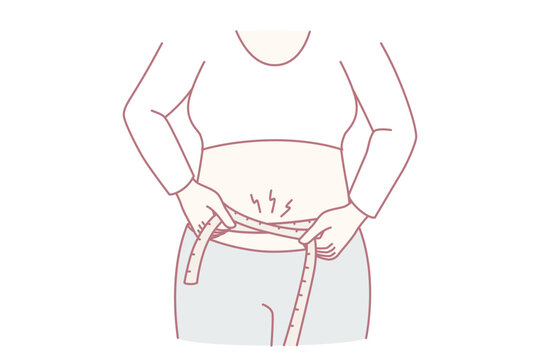 Woman wants to lose extra pounds measures waist size to track result of training. Hands girl with measuring tape to monitor progress after new diet designed to get rid excess weight. Flat vector image