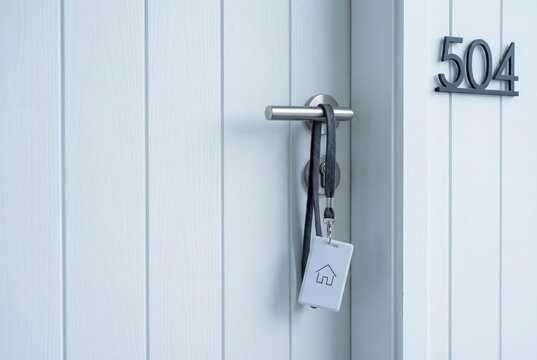 Door Number 504 with Key Card and House Icon Tag on Steel Handle