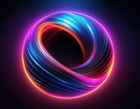 abstract 3d sphere neon gradient curved waves in round shape bright spinning circular border colorful glowing circular tech frame