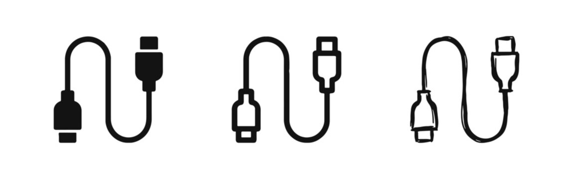 USB cable icon set in solid, outline and doodle style. Data cable and charger connector symbol.