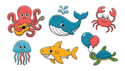 Cartoon marine life illustration set with musical octopus and sea creatures © Craft Designer