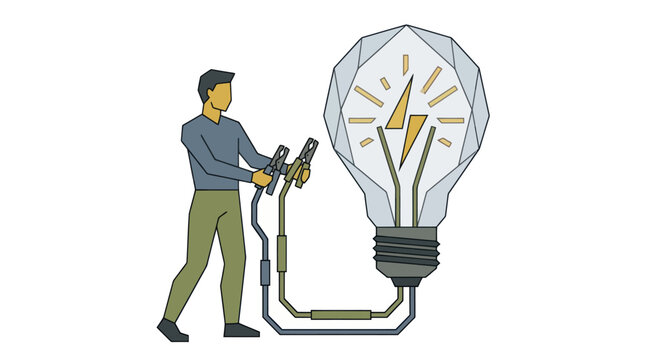 Man Jumpstarting Idea Lightbulb Vector Illustration