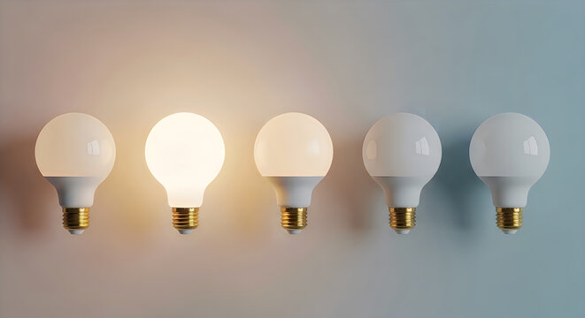 Five led bulbs with varying brightness levels on gradient background