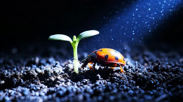Macro close up of a vibrant red ladybug crawling on dark moist soil next to a tiny green seedling sprout illuminated by a