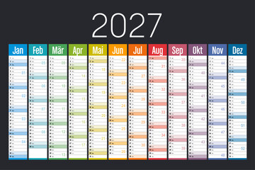 Year 2027 colorful wall calendar on black background, German language, vector template Germany © mozZz