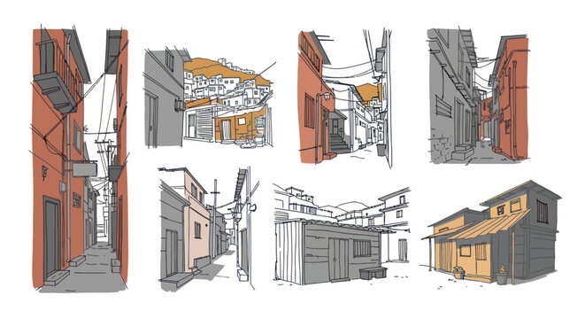 Urban Alleyway and Shanty Town Architectural Sketch Set