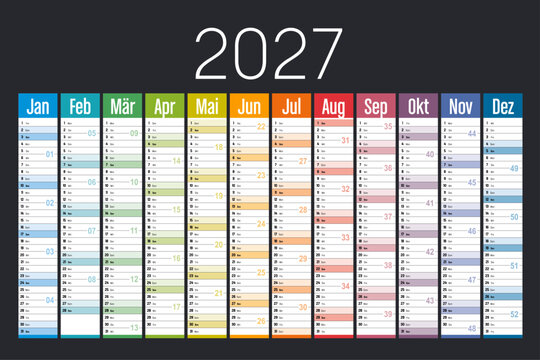 Year 2027 colorful wall calendar on black background, German language, vector template Germany