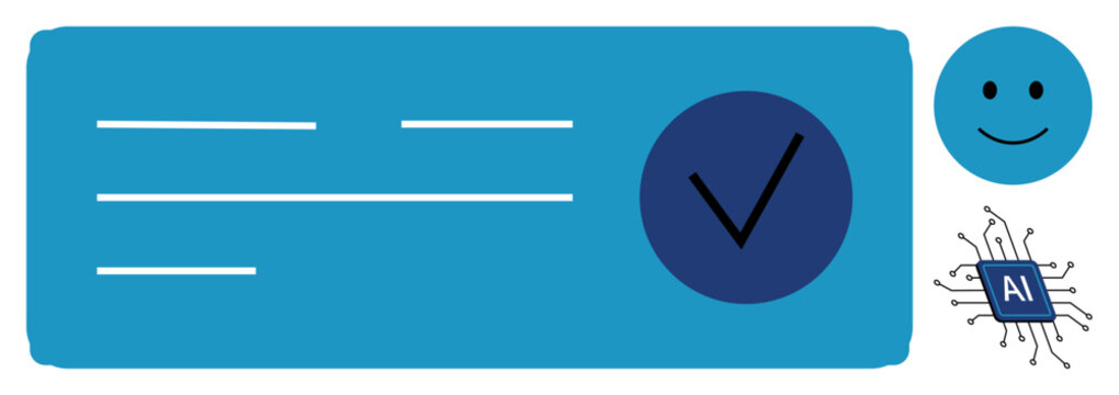Digital security, online identity, artificial intelligence, technology integration, data verification, system authentication. Checkmark with AI chip and happy illustration. Digital security