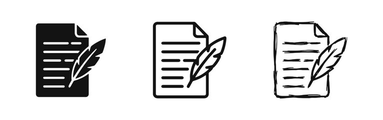 Writing and Literature Icons Set with Paper Sheet and Feather Quill Pen © drawing lines