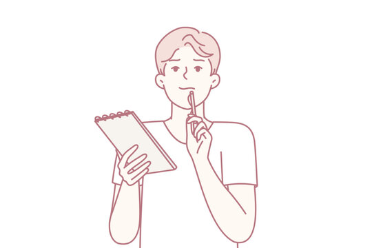 Positive thoughtful man with notebook in hand puts pen to face while thinking about difficult task. Boy high school student preparing for exams or important olympics. Flat vector illustration