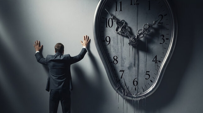 Businessman struggling to hold back the hands of a giant melting clock