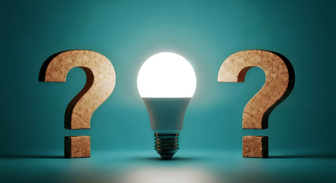 Illuminating the answer lightbulb between cracked question marks