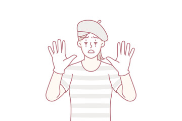 Naklejka premium Funny woman clown with white face entertains people by acting as mime and leaning on invisible glass. Girl theater or circus actor stretches out palms to screen to cheer people up. Flat vector design