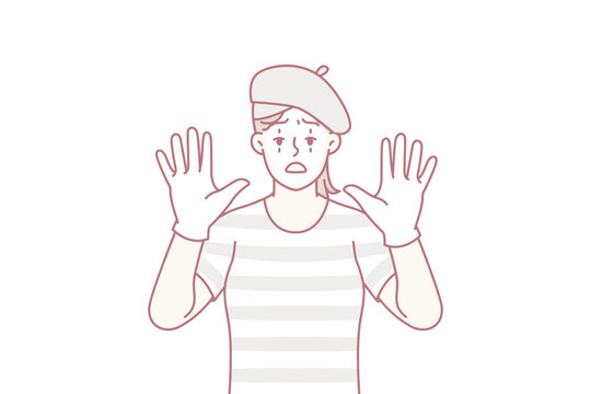 Funny woman clown with white face entertains people by acting as mime and leaning on invisible glass. Girl theater or circus actor stretches out palms to screen to cheer people up. Flat vector design