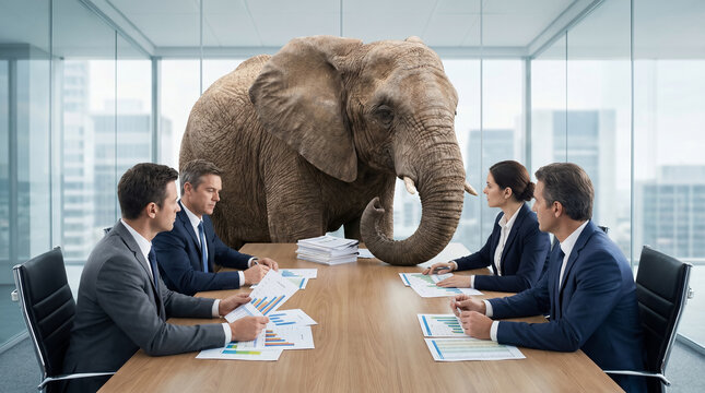 Elephant in the room business concept with executives ignoring giant animal