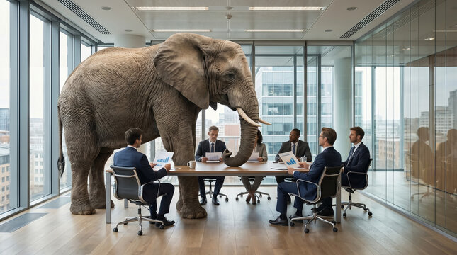 Elephant in the room business concept with executives ignoring giant animal