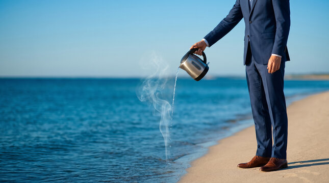Businessman pouring kettle into ocean boiling the ocean concept
