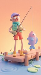 Fototapeta premium Cute stylized cartoon character boy fishing on wooden dock with large cartoon fish for pastel background and banner design