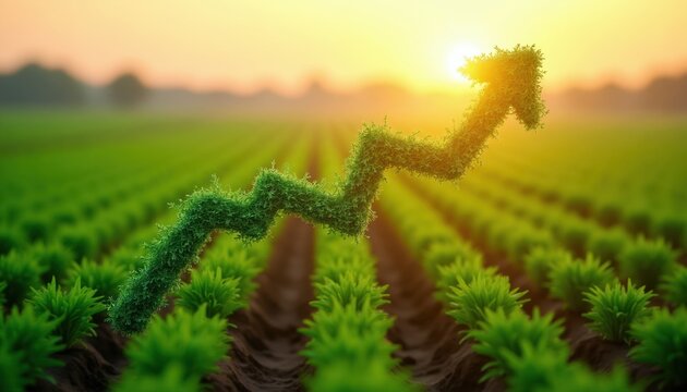 Green plant forms rising graph arrow over farm field at sunrise. Concept of agri business growth profit and success. Farming investment development increase.