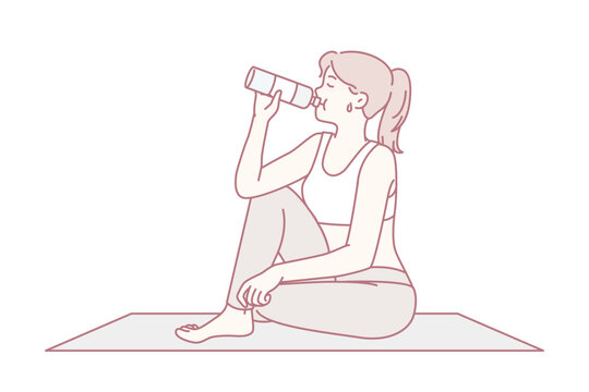 Tired woman sitting on yoga mat and drinking water in time for break between exercises or getting ready for meditation. Girl athlete is resting on rug for fitness and sports. Flat vector design