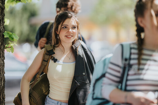 A smiling teenage girl carries a backpack and jacket while walking with friends. The candid outdoor scene shows young people socializing on a sunny day.