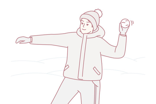 Teenage boy in winter clothes and hat plays snowballs throws snow at friends. Youth guy stands on street among snowdrifts enjoys cold weather and frolic during holidays. Flat vector illustration