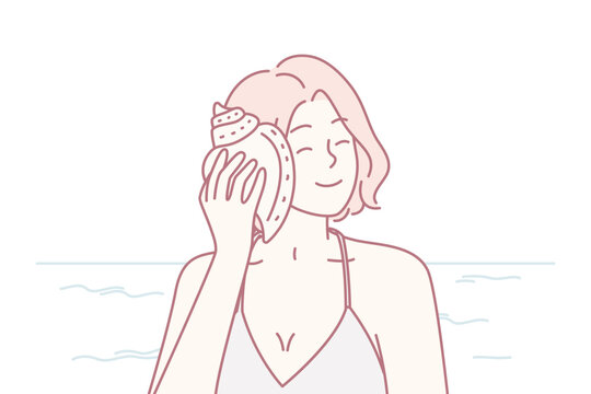 Happy woman listens to sound of sea putting shell to ear and closing eyes dreams of future. Smiling tourist girl stands on beach of sunny resort and enjoys summer vacation on ocean. Flat vector image