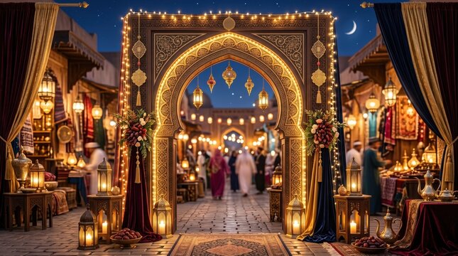 Traditional ornate archway entrance decorated with glowing golden lanterns at a busy night market street scene