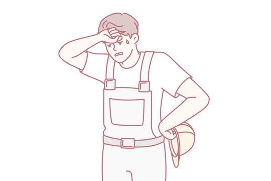 Tired man in construction uniform and safety helmet wiping forehead after completing difficult project. Sweaty guy foreman wearily looks down exhausted at end of day. Flat vector design