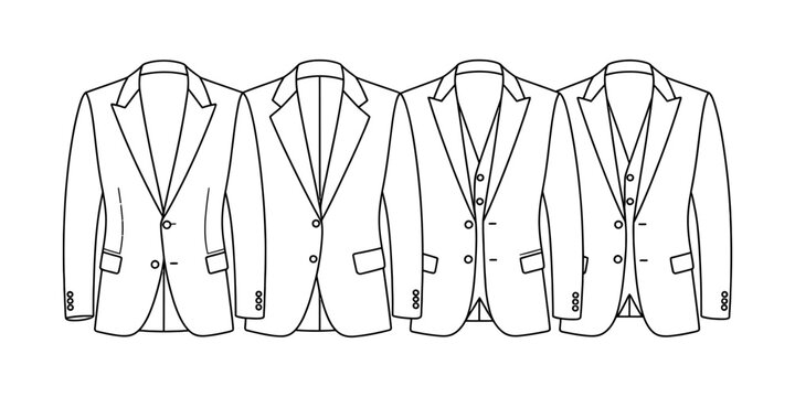 Set of four professional men suits and formal jackets in technical flat sketch style for fashion design template and garment manufacturing Vector, illustration