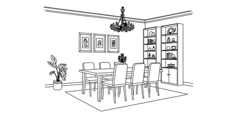 Black and white hand drawn sketch of a modern dining room interior with a wooden table chairs chandelier bookshelves and a potted house plant Vector, illustration © Vector Line Drawing
