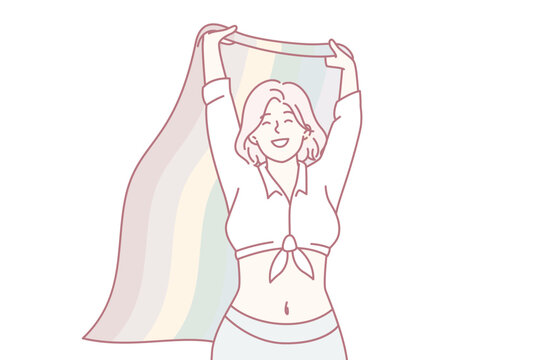Happy woman waving rainbow flag while speaking at event for LGBT and sexual minorities. Tolerant positive girl participant of PRIDE activists parade smiles showing civic position. Flat vector image